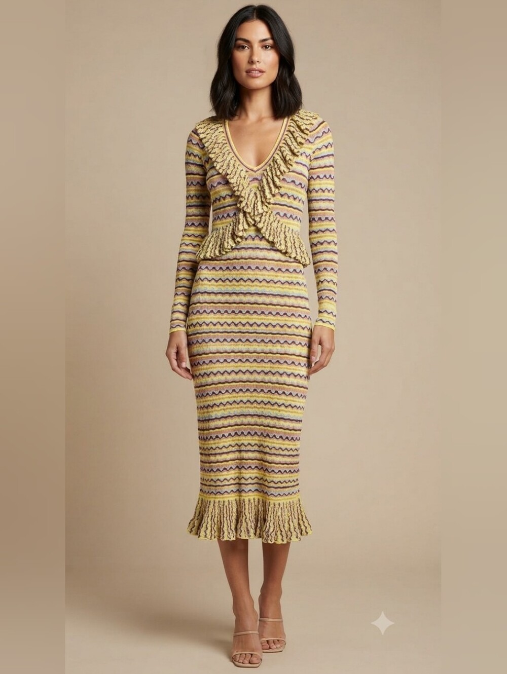 Ulla Johnson Pascale Silk Cotton Ruffle Knit Dress Wavy Stripe Citrus Size M